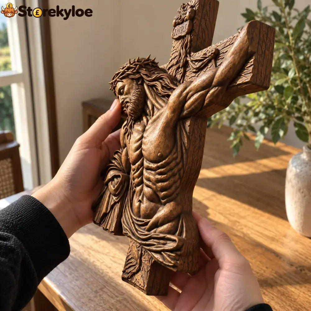 Hand-Carved Beech Wood Crucifix – Jesus Christ Wall Cross - 10’’