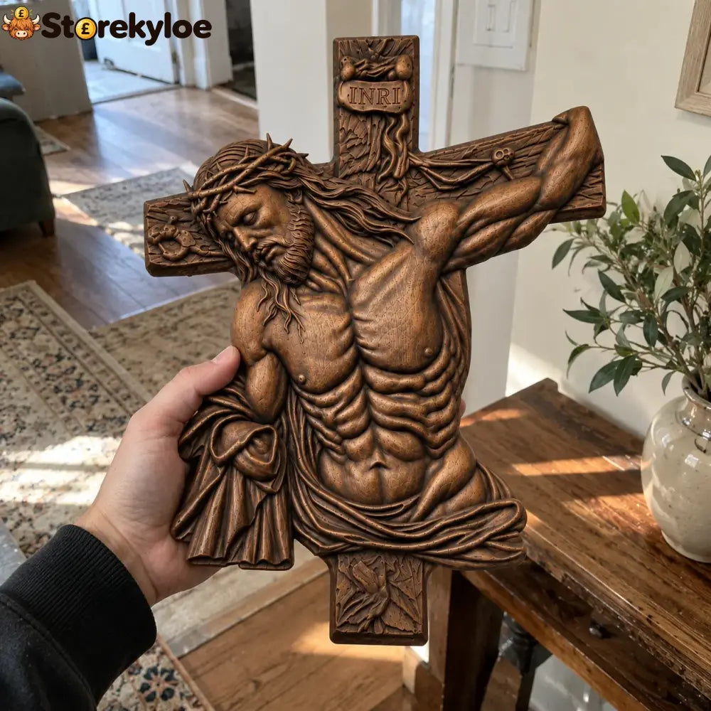 Hand-Carved Beech Wood Crucifix – Jesus Christ Wall Cross - 10’’