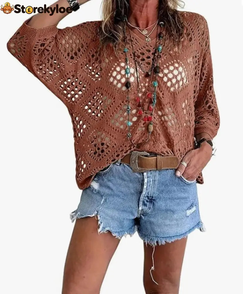 ? Handmade Crochet V‐Neck Boho Top | Apricot Summer Essential - Coffee / S