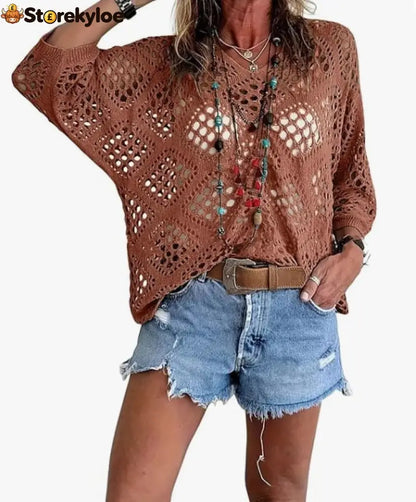 ? Handmade Crochet V‐Neck Boho Top | Apricot Summer Essential - Coffee / S