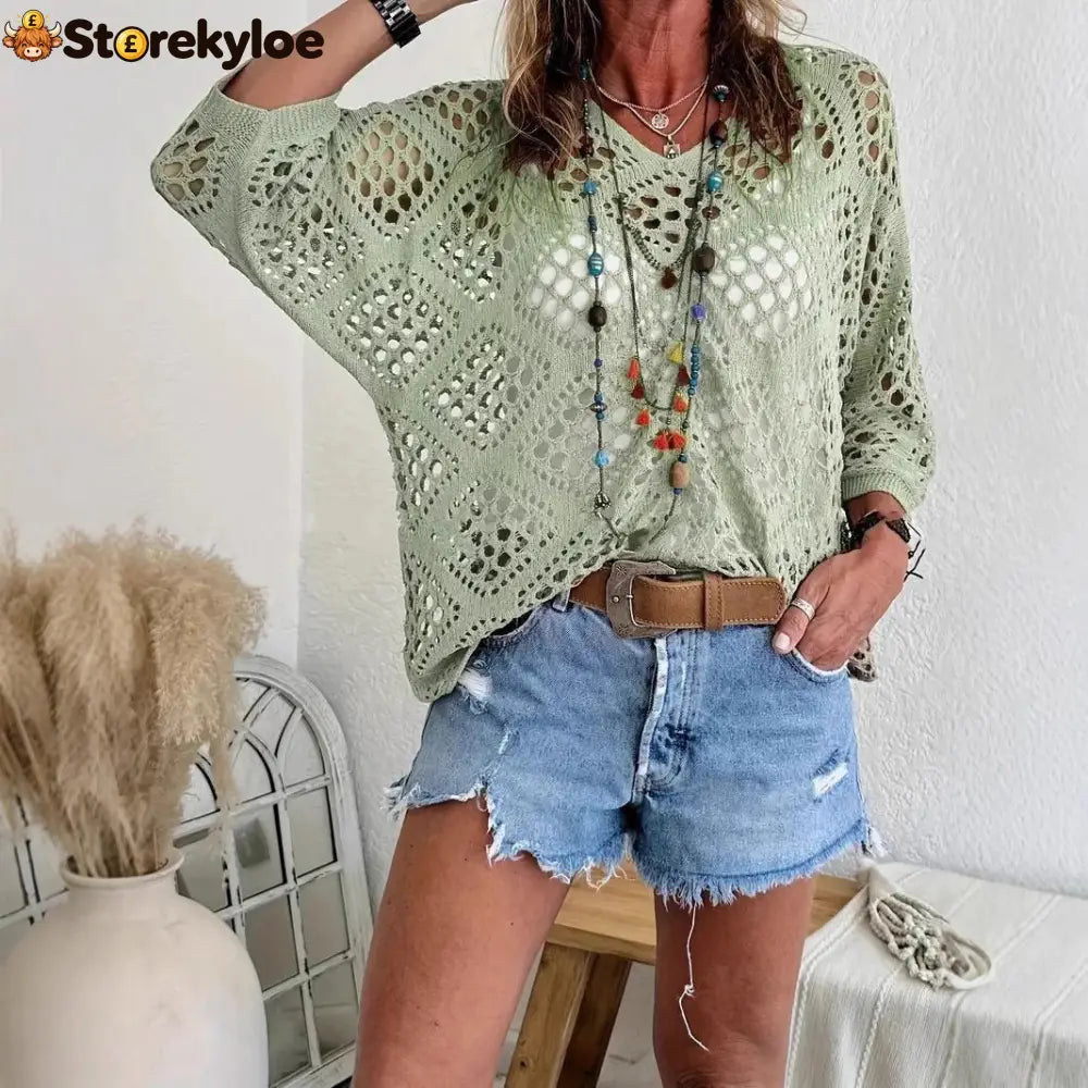 ? Handmade Crochet V‐Neck Boho Top | Apricot Summer Essential - Green / S