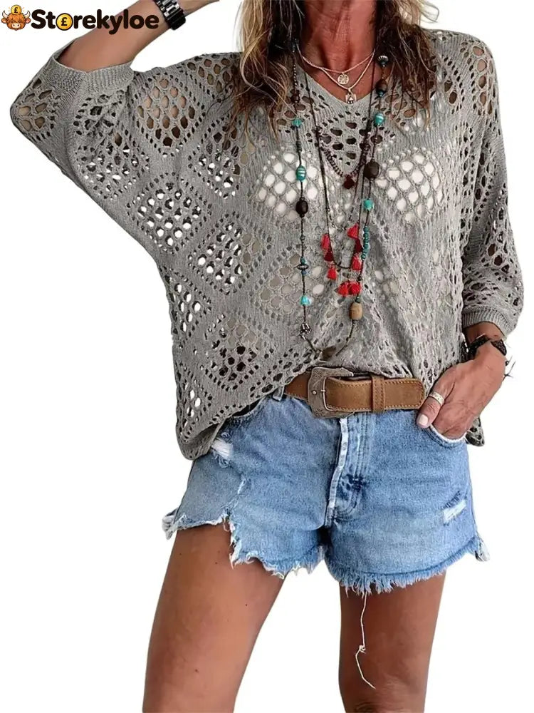 ? Handmade Crochet V‐Neck Boho Top | Apricot Summer Essential - Grey / S