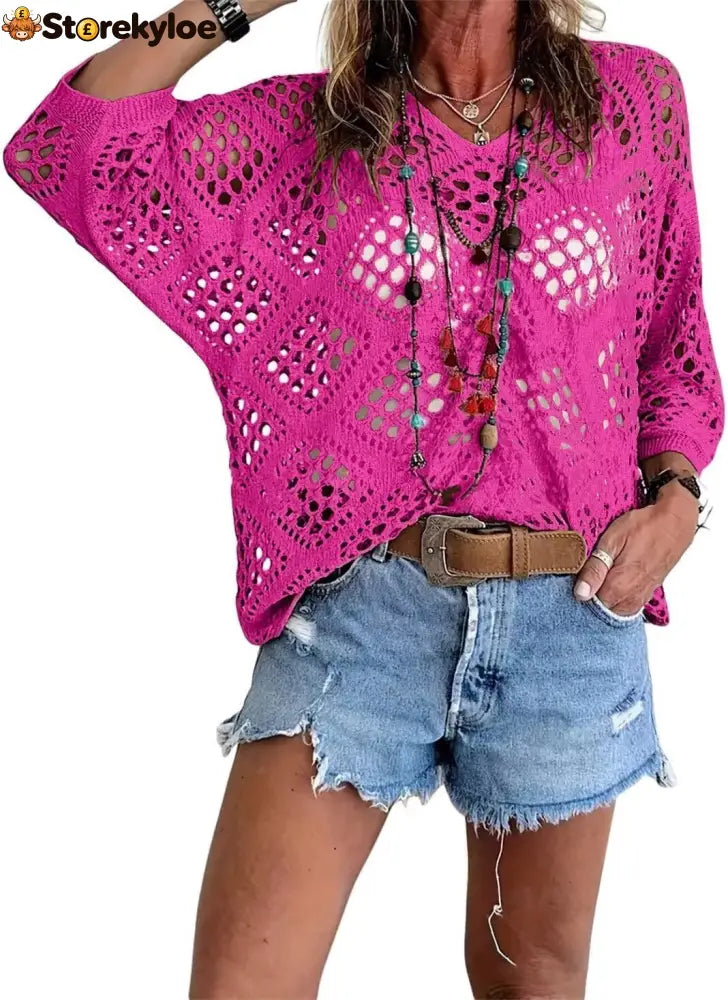 ? Handmade Crochet V‐Neck Boho Top | Apricot Summer Essential - Rose Pink / S