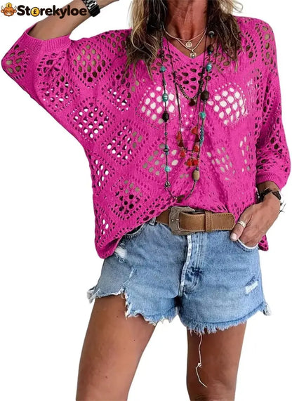 ? Handmade Crochet V‐Neck Boho Top | Apricot Summer Essential - Rose Pink / S