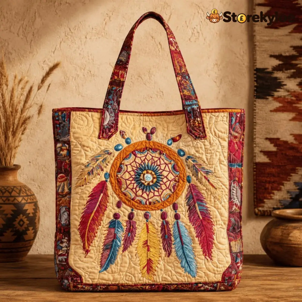 Handmade Native American Quilted Tote Bag - Golden Dreamcatcher