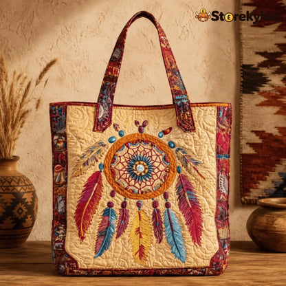 Handmade Native American Quilted Tote Bag - Golden Dreamcatcher