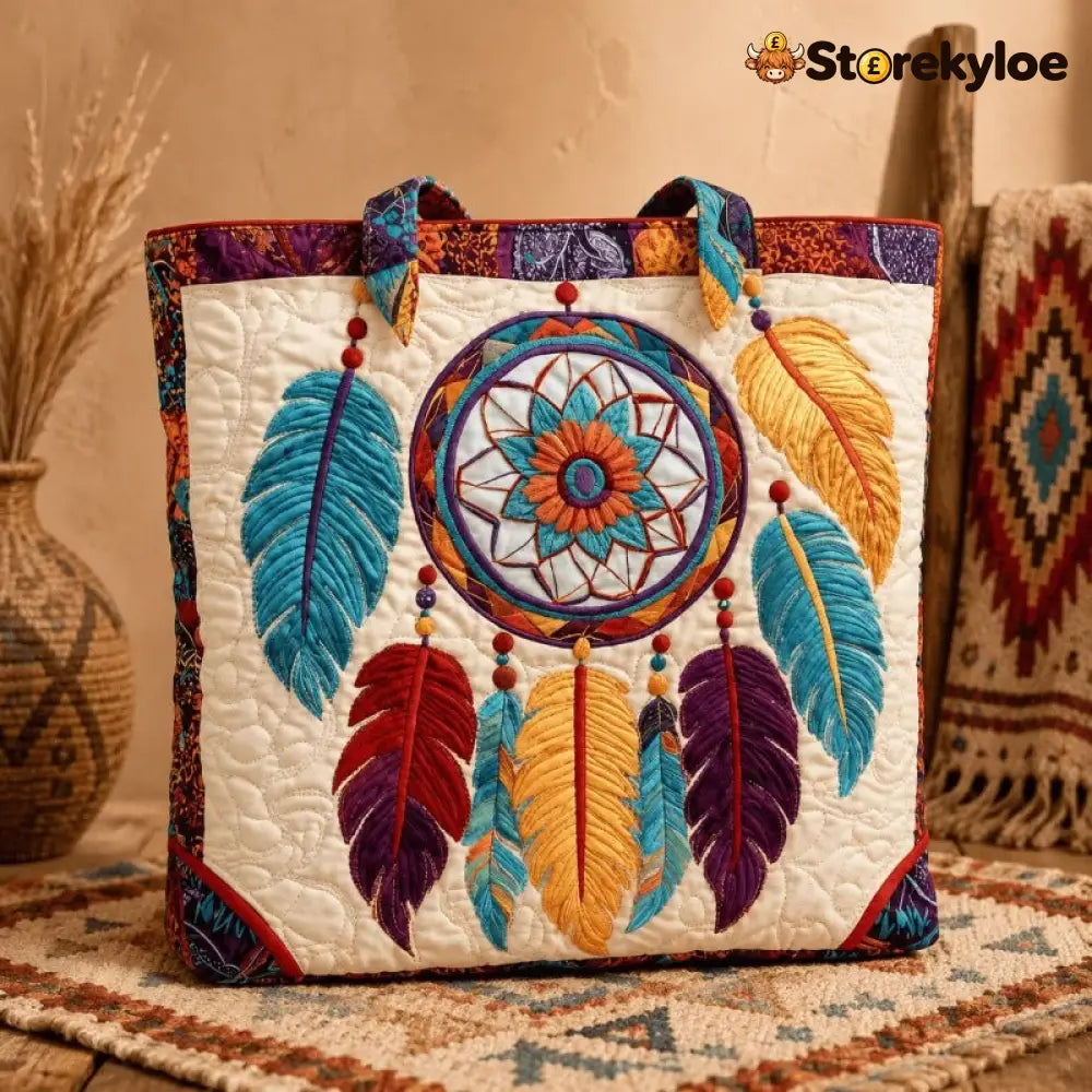 Handmade Native American Quilted Tote Bag - Ivory Dreamcatcher