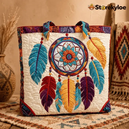 Handmade Native American Quilted Tote Bag - Ivory Dreamcatcher