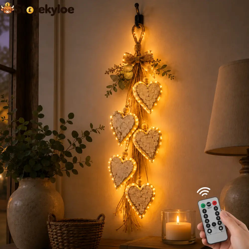 🍂🤎Hanging Heart Wall Decor - Rustic Neutral / Lighted Style (With Warm Lights)
