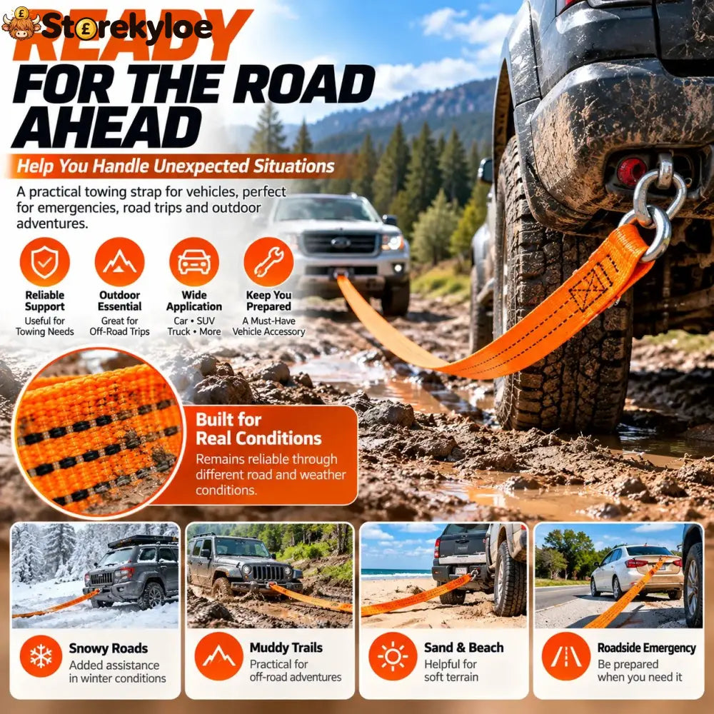🚗 Heavy-Duty Tow Strap with Metal Hooks – Thickened High-Strength Vehicle Towing Rope