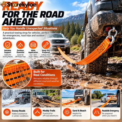 🚗 Heavy-Duty Tow Strap with Metal Hooks – Thickened High-Strength Vehicle Towing Rope