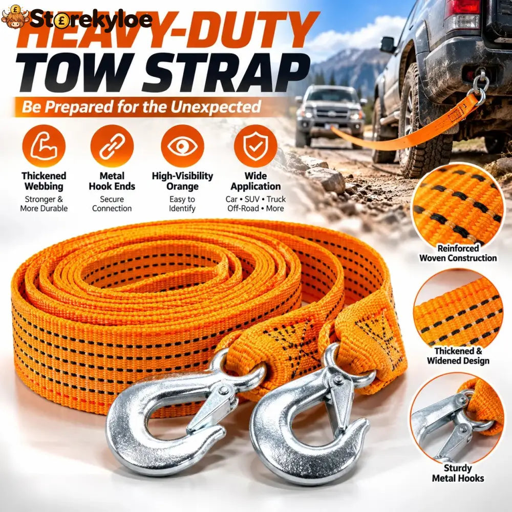 🚗 Heavy-Duty Tow Strap with Metal Hooks – Thickened High-Strength Vehicle Towing Rope