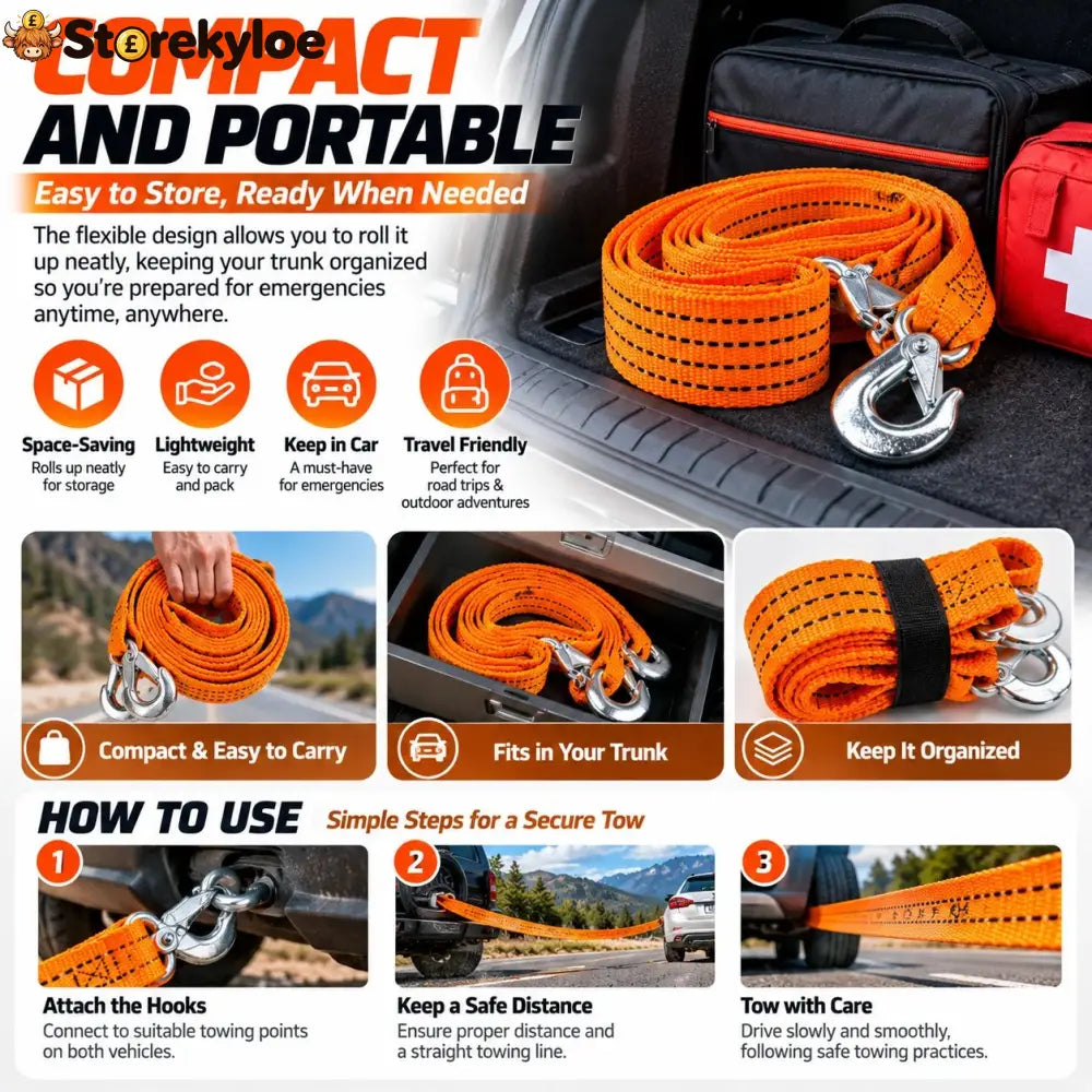 🚗 Heavy-Duty Tow Strap with Metal Hooks – Thickened High-Strength Vehicle Towing Rope