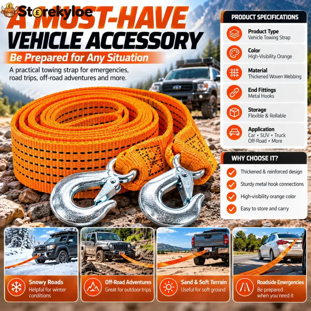 🚗 Heavy-Duty Tow Strap with Metal Hooks – Thickened High-Strength Vehicle Towing Rope