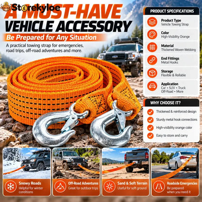 🚗 Heavy-Duty Tow Strap with Metal Hooks – Thickened High-Strength Vehicle Towing Rope