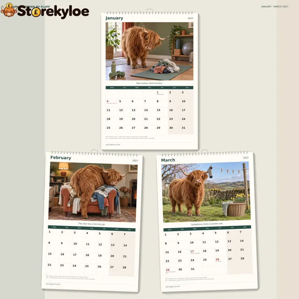 🔥Held Together by Fluff 2027 A4 Wall Calendar - Funny Highland Cows