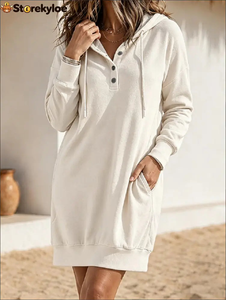 Henley Hooded Long Sleeve Sweatshirt Dress With Pockets - White / S