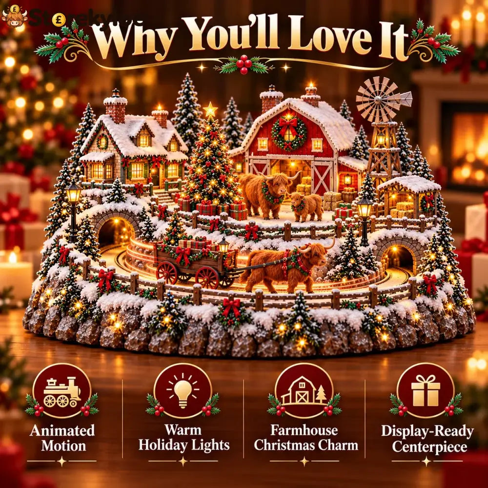 🐮 Highland Cow Christmas Farm Village – Lighted Farmhouse Holiday Scene