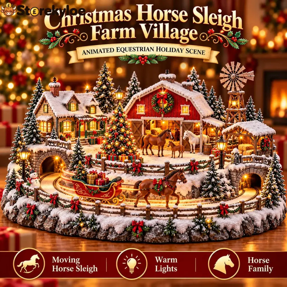 🐮 Highland Cow Christmas Farm Village – Lighted Farmhouse Holiday Scene - 🐎 Horse Sleigh Farm