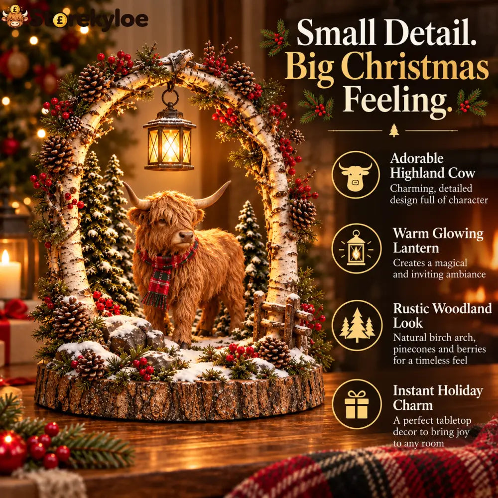 🐮🎄 Highland Cow Christmas Lantern – Cozy Woodland Holiday Décor
