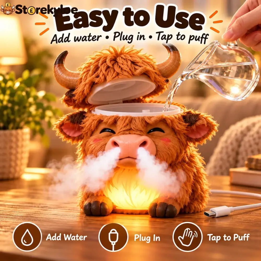 Highland Cow Huff™ – Tap-to-Puff Humidifier & Colorful Night Light