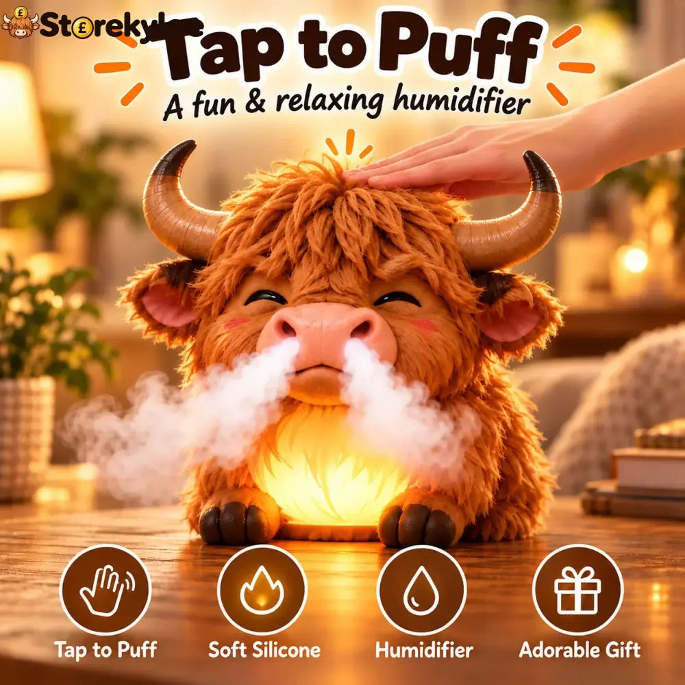 Highland Cow Huff™ – Tap-to-Puff Humidifier & Colorful Night Light