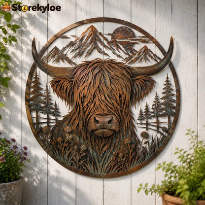 🐂Highland Cow Mountain Scene Metal Wall🏔️ - 8 inches (20 cm) - Houseware & Kitchen
