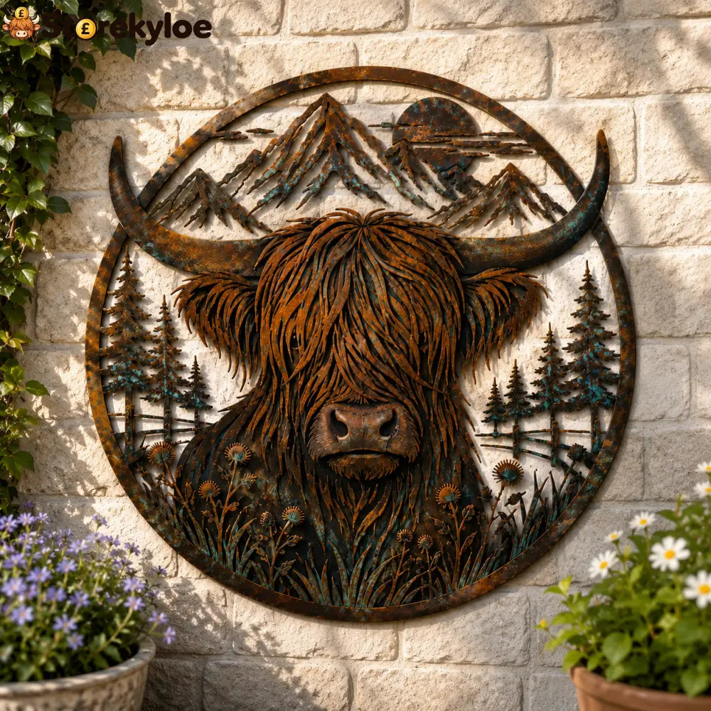 🐂Highland Cow Mountain Scene Metal Wall🏔️ - Houseware & Kitchen