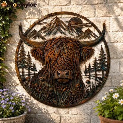 🐂Highland Cow Mountain Scene Metal Wall🏔️ - Houseware & Kitchen