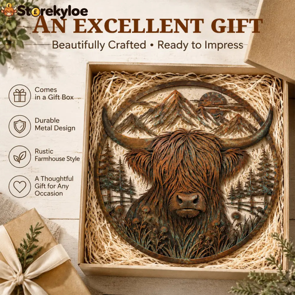 🐂Highland Cow Mountain Scene Metal Wall🏔️ - Houseware & Kitchen
