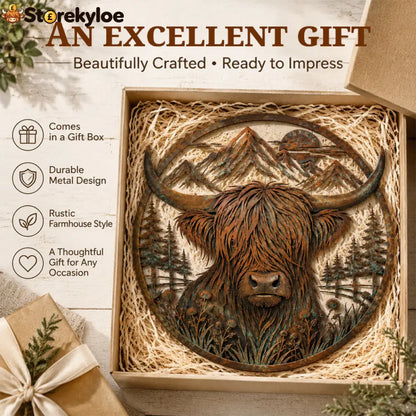 🐂Highland Cow Mountain Scene Metal Wall🏔️ - Houseware & Kitchen