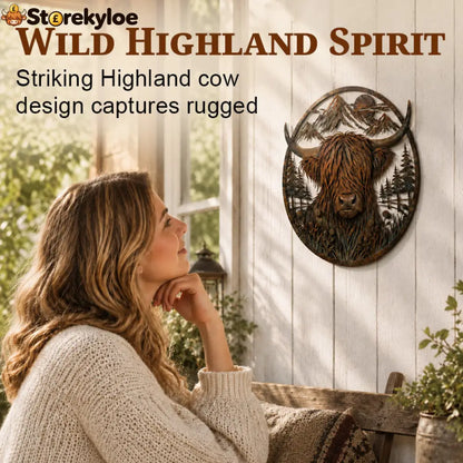 🐂Highland Cow Mountain Scene Metal Wall🏔️ - Houseware & Kitchen
