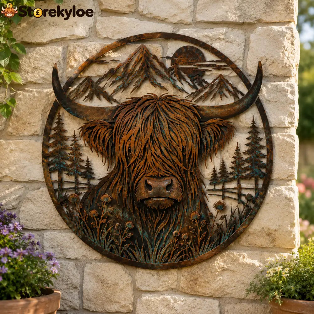 🐂Highland Cow Mountain Scene Metal Wall🏔️ - Houseware & Kitchen