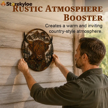 🐂Highland Cow Mountain Scene Metal Wall🏔️ - Houseware & Kitchen
