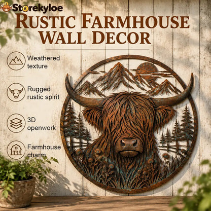 🐂Highland Cow Mountain Scene Metal Wall🏔️ - Houseware & Kitchen