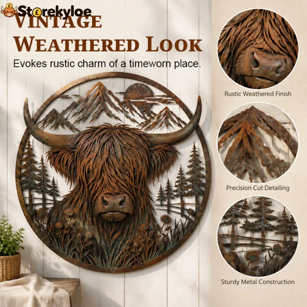 🐂Highland Cow Mountain Scene Metal Wall🏔️ - Houseware & Kitchen