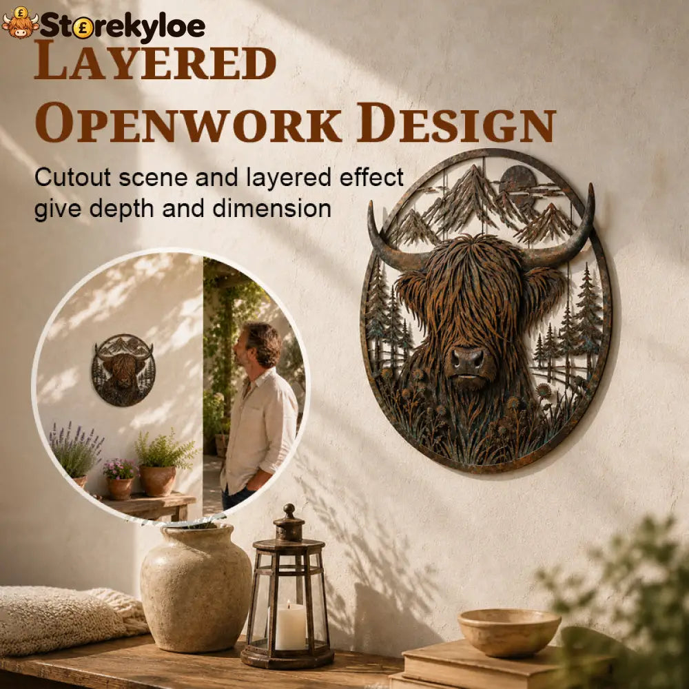 🐂Highland Cow Mountain Scene Metal Wall🏔️ - Houseware & Kitchen