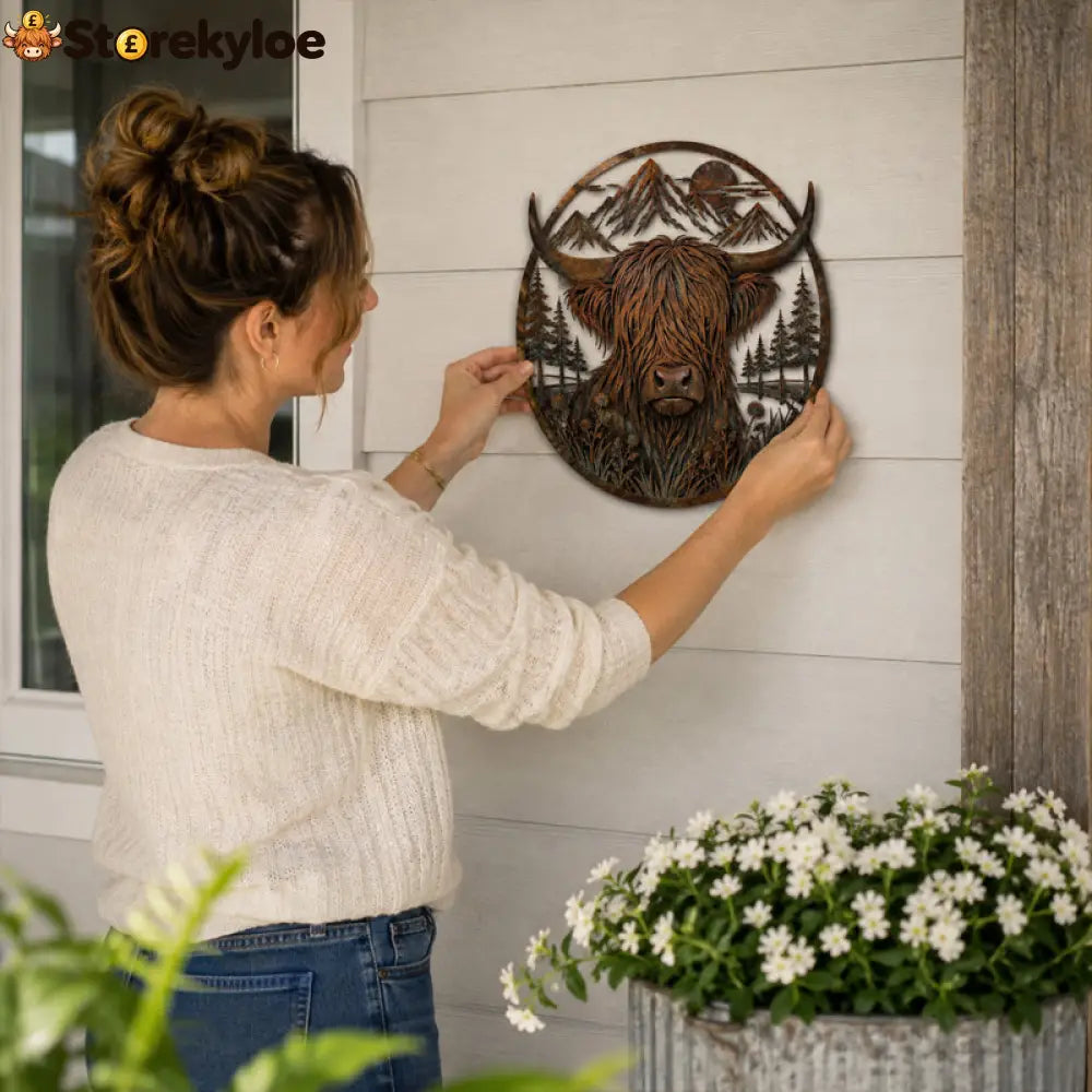 🐂Highland Cow Mountain Scene Metal Wall🏔️ - Houseware & Kitchen