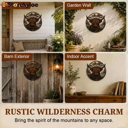 🐂Highland Cow Mountain Scene Metal Wall🏔️ - Houseware & Kitchen