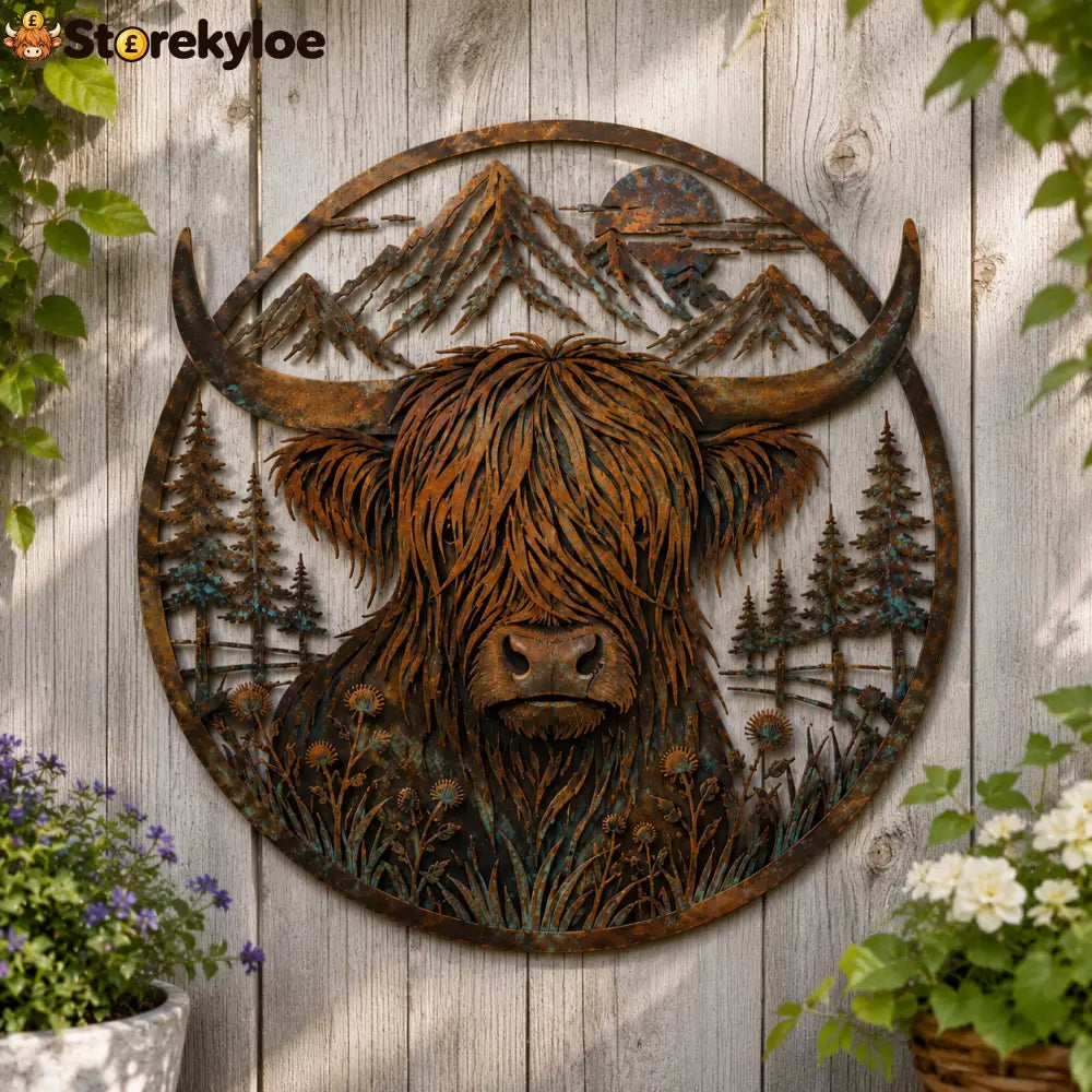 🐂Highland Cow Mountain Scene Metal Wall🏔️ - Houseware & Kitchen