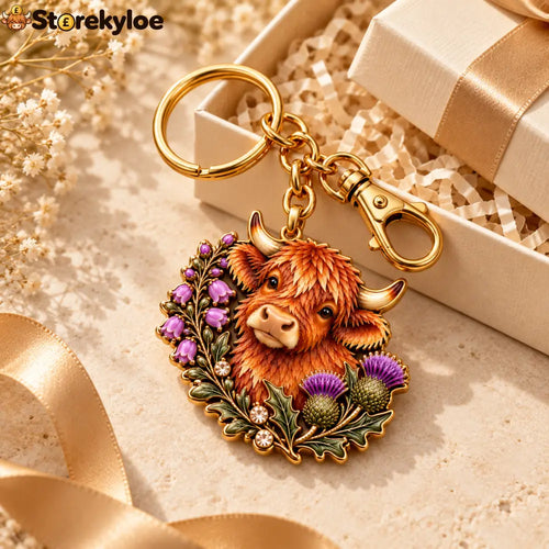 Highland Cow & Thistle 🏴 Scottish Heritage Keepsake Keyring - HIGHLAND COW & THISTLE