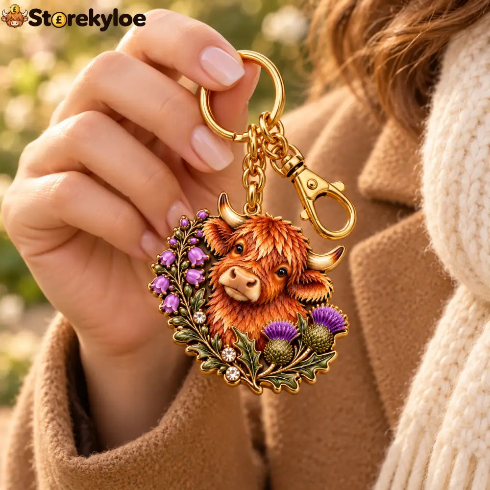 Highland Cow & Thistle 🏴 Scottish Heritage Keepsake Keyring - HIGHLAND COW & THISTLE