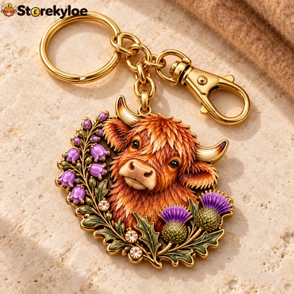 Highland Cow & Thistle 🏴 Scottish Heritage Keepsake Keyring - HIGHLAND COW & THISTLE