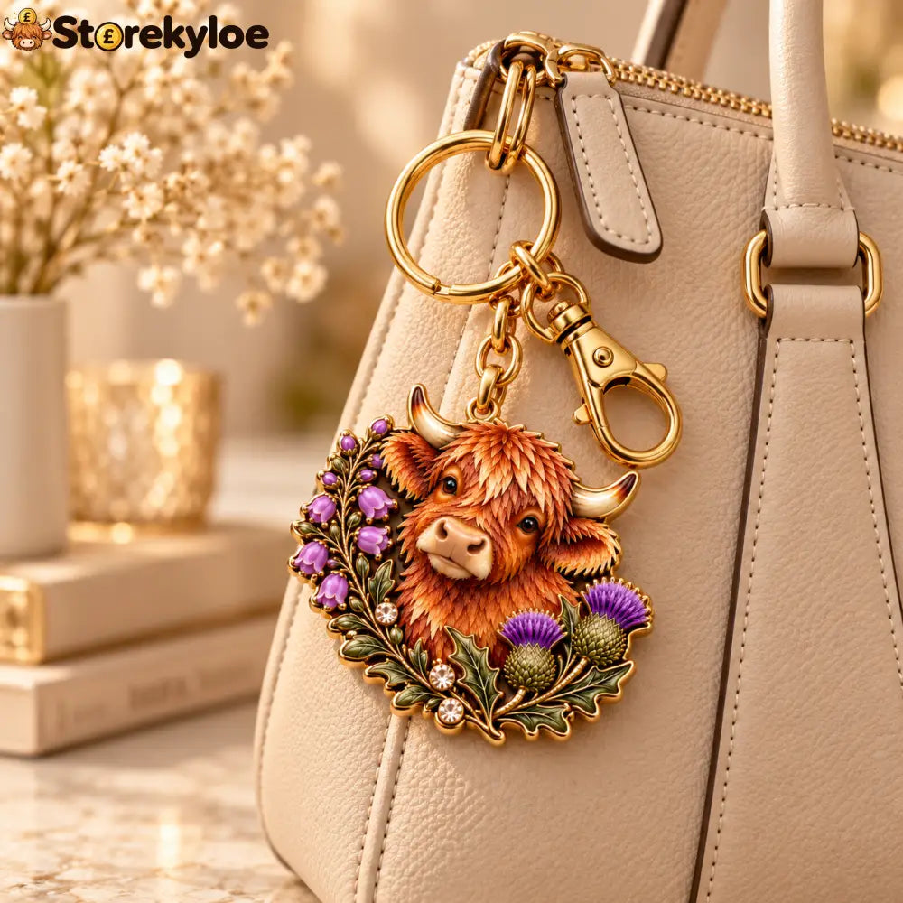 Highland Cow & Thistle 🏴 Scottish Heritage Keepsake Keyring - HIGHLAND COW & THISTLE