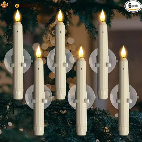 Homemory 6 Pcs Window Candles with Sensor Dusk to Dawn Ivory Striped Candlesticks with Suction Cups Roman Column