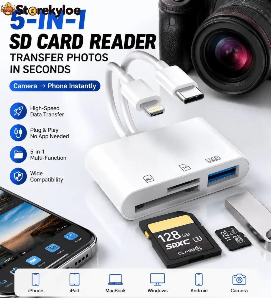 Hot💥Limited-time 50% discount🔌 5-in-1 SD Card Reader for iPhone & USB-C – Fast Photo & Video Transfer Adapter - White