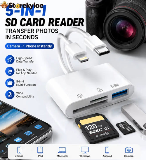 Hot💥Limited-time 50% discount🔌 5-in-1 SD Card Reader for iPhone & USB-C – Fast Photo & Video Transfer Adapter - White