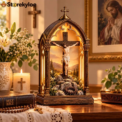 ✝️ Illuminated Calvary Devotional Shrine | Warm Christian Prayer Décor - Calvary Devotional Shrine