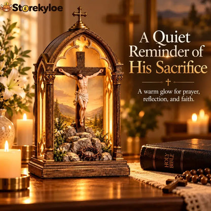 ✝️ Illuminated Calvary Devotional Shrine | Warm Christian Prayer Décor - Calvary Devotional Shrine