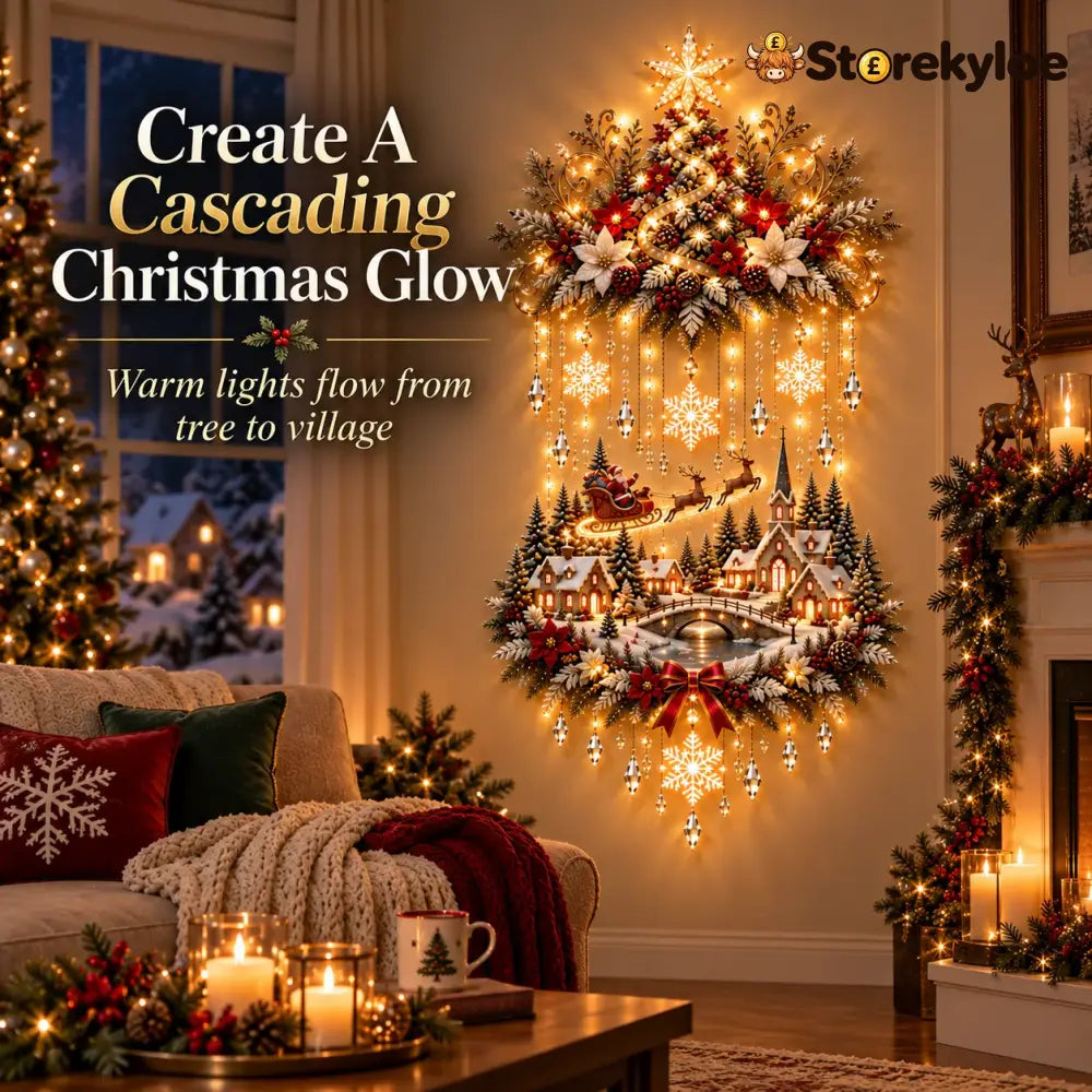 🎄 Illuminated Christmas Tree & Village Wall Hanging | Cascading Warm Lights for Living Rooms Entryways & Staircases ✨